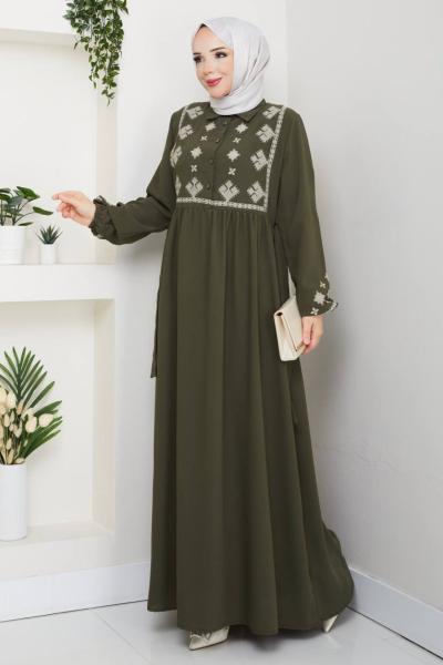 Asena Yarım düğmeli elbise Haki