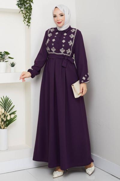 Asena Yarim Düğmeli elbise Mürdüm