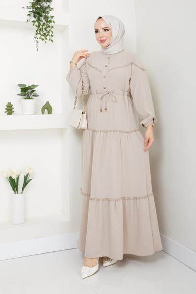 Dantelli Ayşe Ayrobin Elbise  Bej