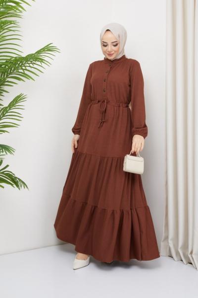 Düğmeli Sultan Elbise  Kahverengi