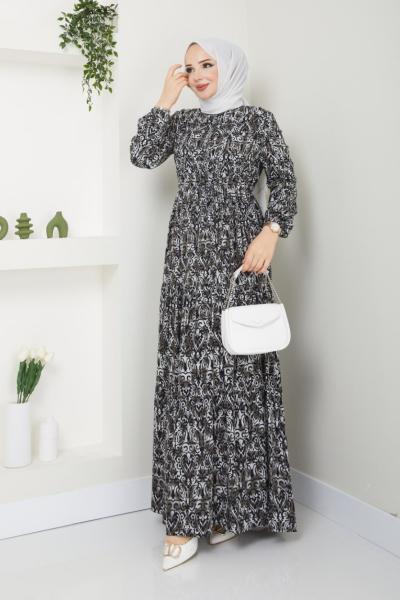 Ebru Viskon elbise Yarım düğmeli  Gri Siyah