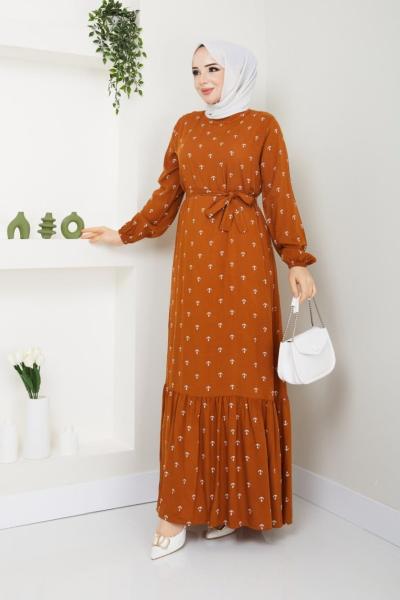 Efsane Çapa Desen Viskon elbise  Kiremit