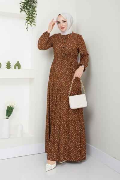 Efsun Viskon Elbise Yarım düğmeli  Kahverengi