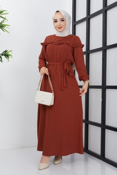 Fırfırlı Ayrobin Elbise  Kiremit