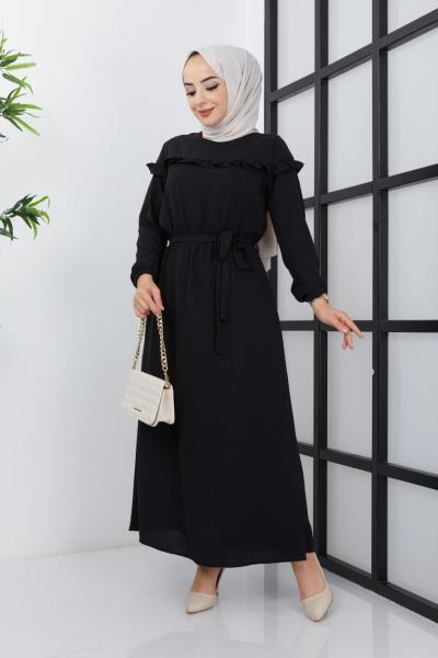 Fırfırlı Ayrobin Elbise  Siyah