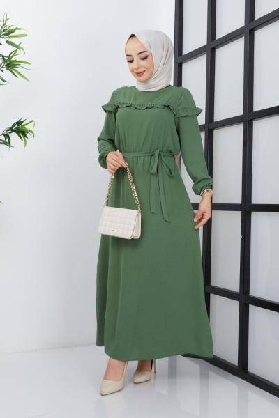 Fırfırlı Ayrobin Elbise  Haki