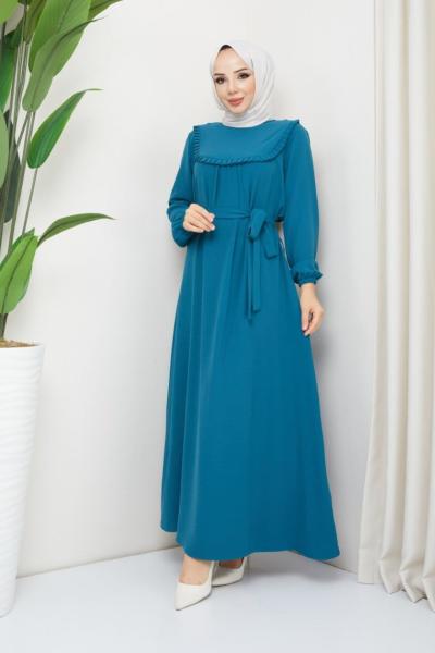 Fırfırlı Hazal Elbise ayrobin  Petrol Mavisi