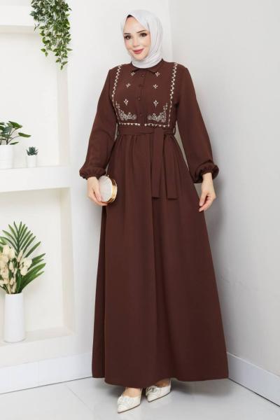 Güllü Elbise Kahverengi