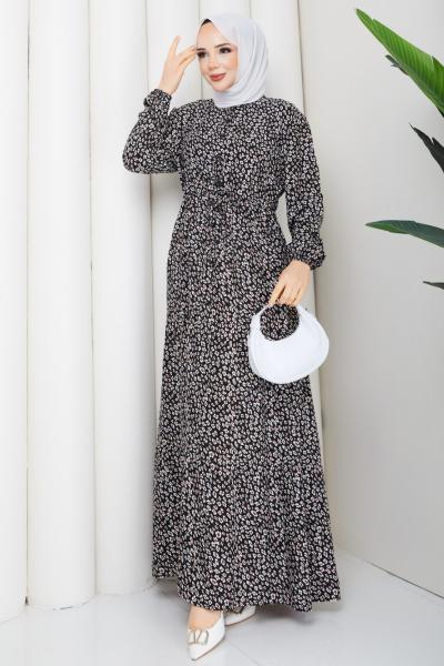 Viskon Papatya Elbise Siyah