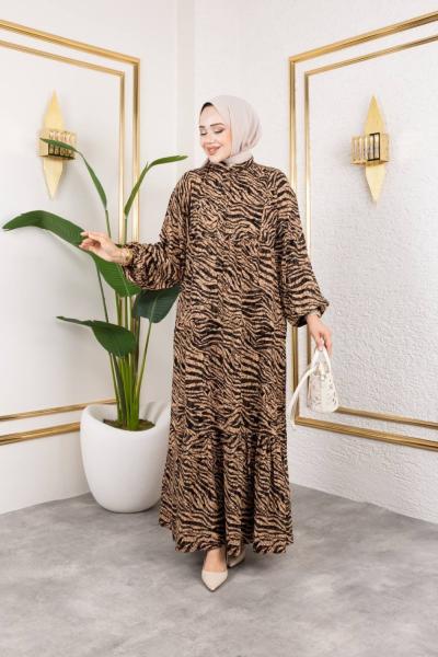 Zebra Desen Elbise Siyah Kahverengi