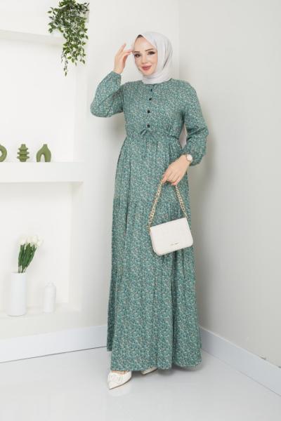 Efsun Viskon elbise Yarım düğmeli  Turkuaz