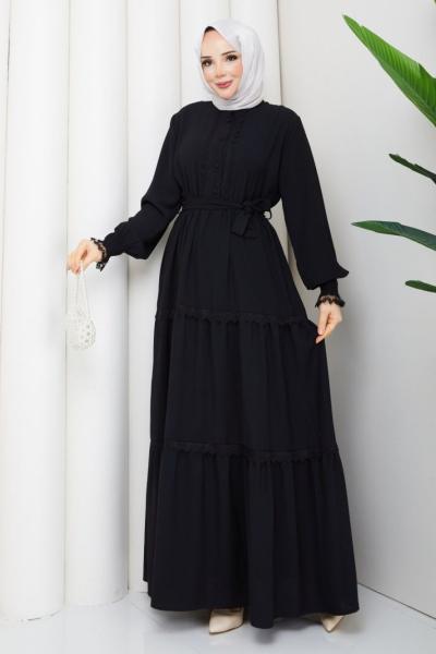 Spor Dantelli inci Elbise Siyah